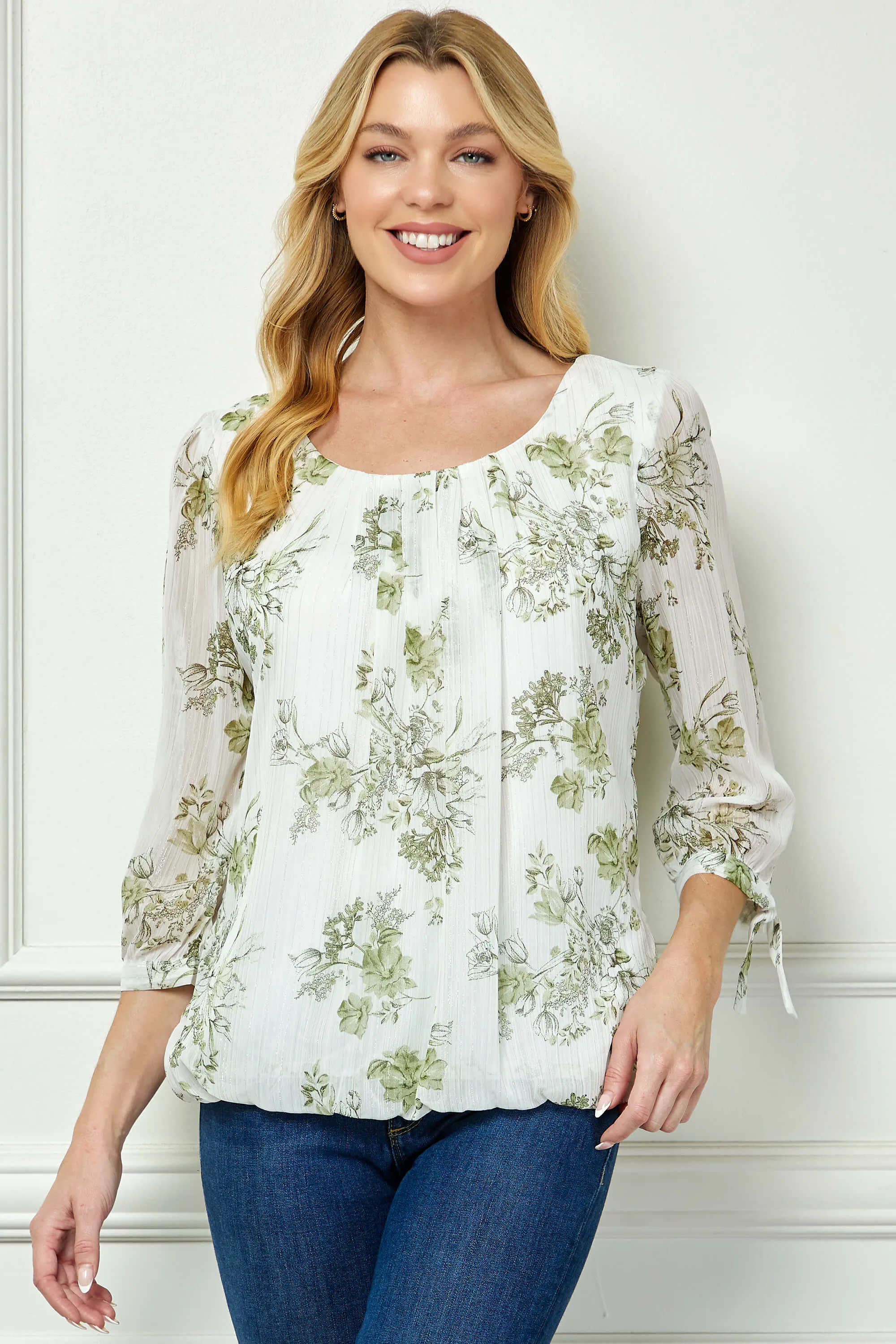 3/4 Tie Sleeve Pleat Neck Studded Bubble Blouse in Ivory/Sage Sketch sold by Dress Barn product image thumbnail 2