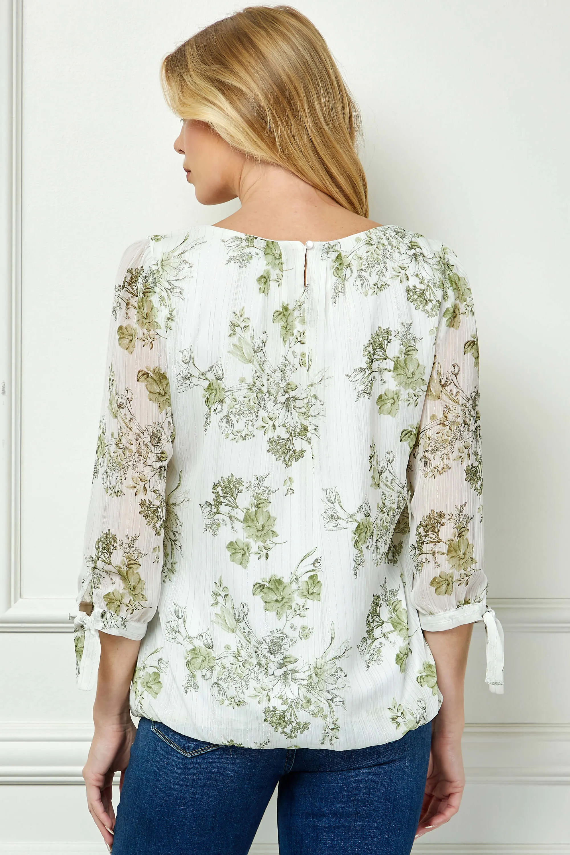 3/4 Tie Sleeve Pleat Neck Studded Bubble Blouse in Ivory/Sage Sketch sold by Dress Barn product image thumbnail 4