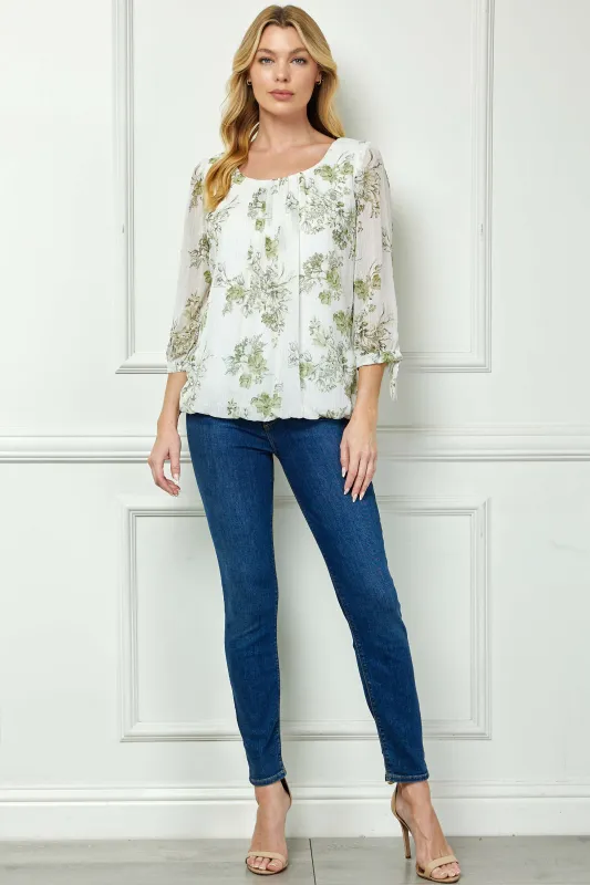 3/4 Tie Sleeve Pleat Neck Studded Bubble Blouse in Ivory/Sage Sketch sold by Dress Barn