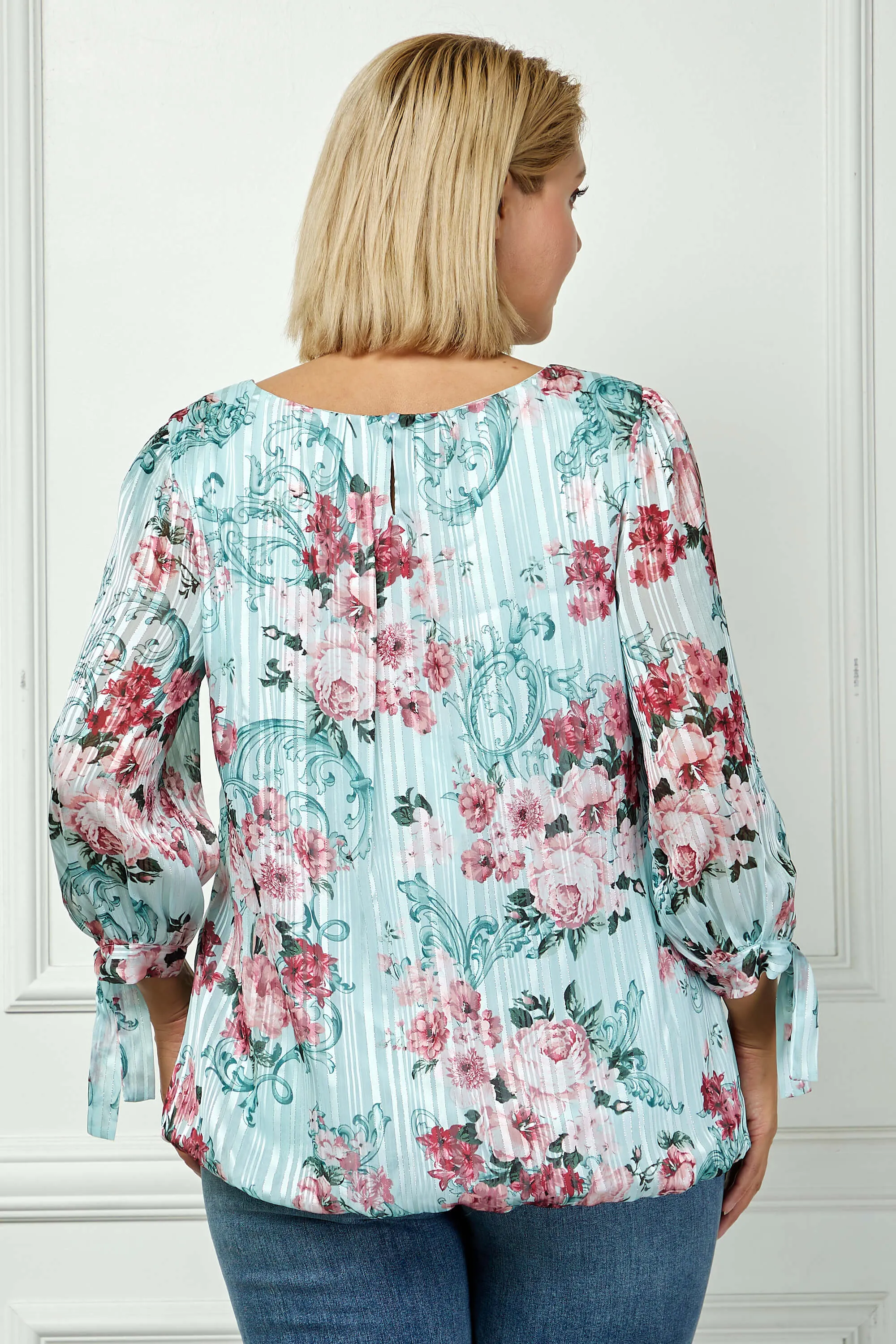 3/4 Tie Sleeve Pleat Neck Bubble Blouse in Mint Roses - Plus sold by Dress Barn product image thumbnail 4
