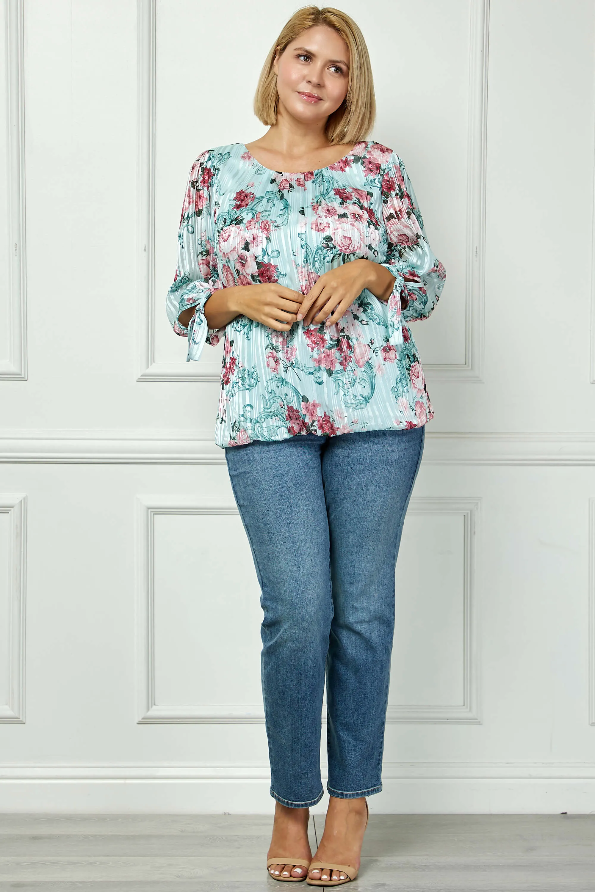 3/4 Tie Sleeve Pleat Neck Bubble Blouse in Mint Roses - Plus sold by Dress Barn