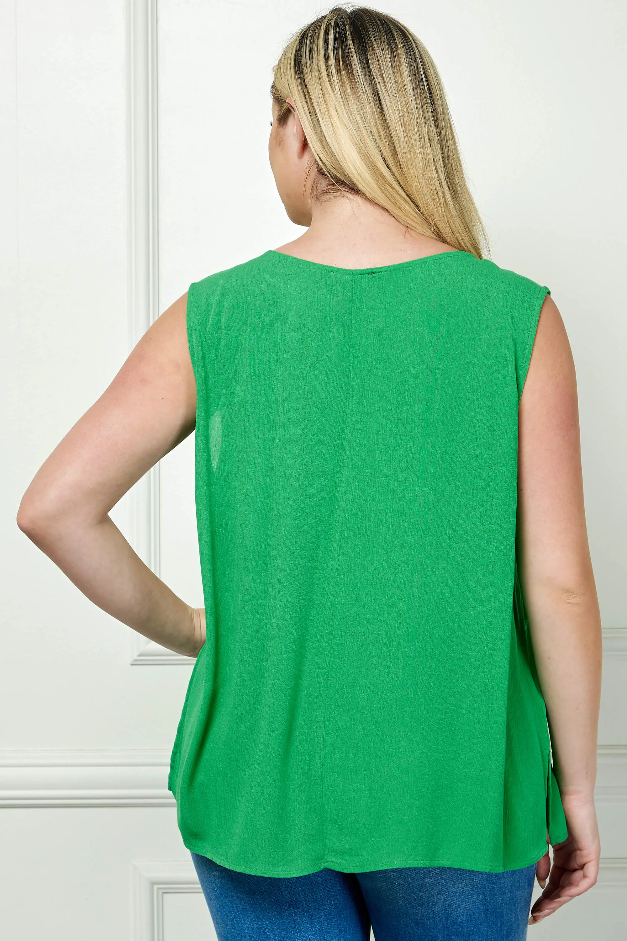 Sleeveless Embroidered Yoke Split Neck Blouse in Kelly Green - Plus sold by Dress Barn product image thumbnail 4