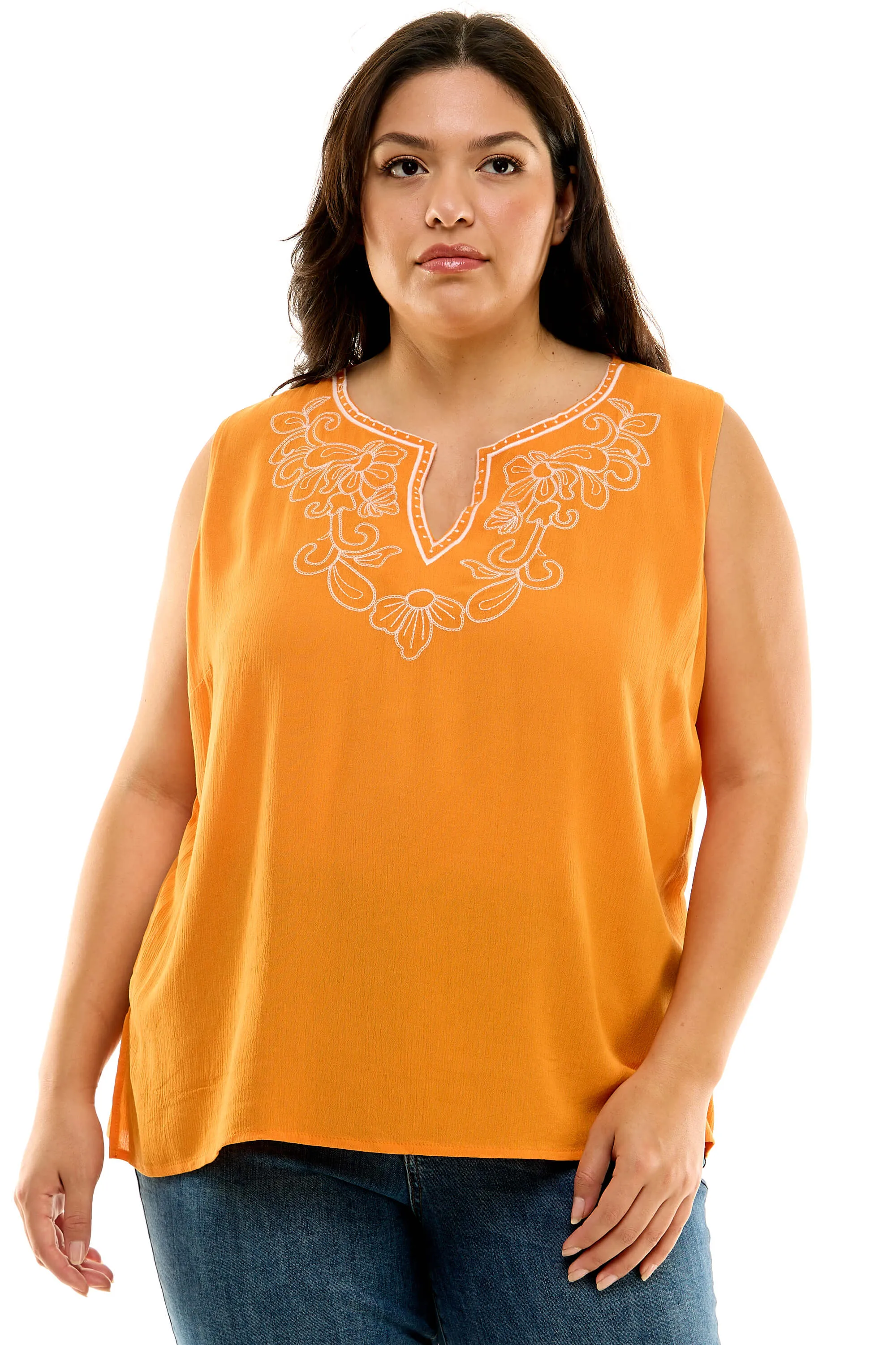 Sleeveless Embroidered Yoke Split Neck Blouse in Orange - Plus sold by Dress Barn product image thumbnail 2