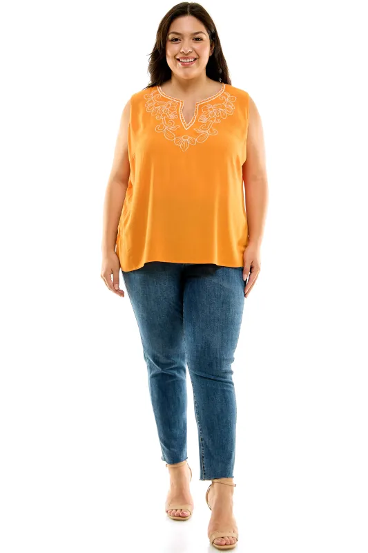 Sleeveless Embroidered Yoke Split Neck Blouse in Orange - Plus sold by Dress Barn