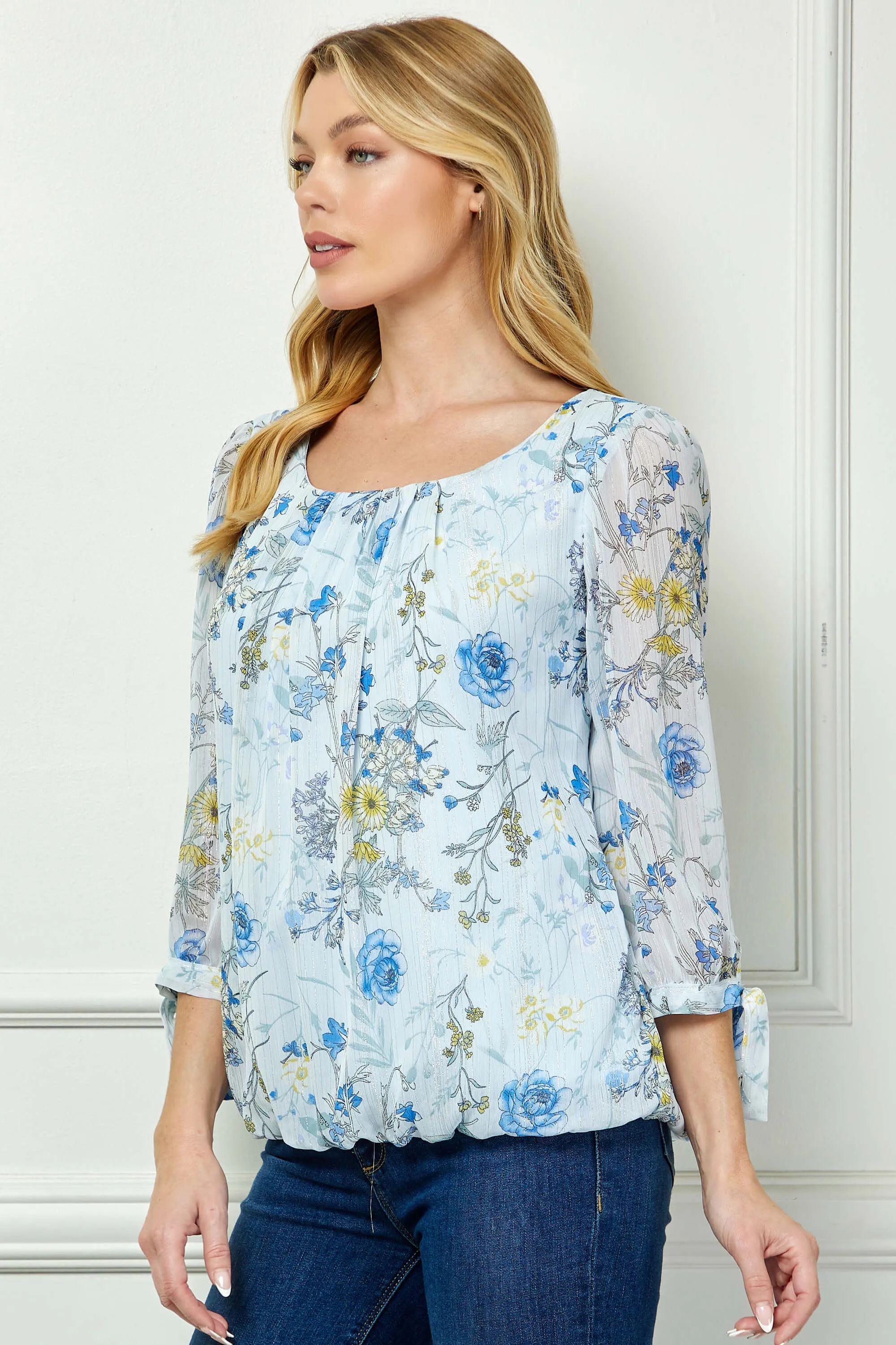 3/4 Tie Sleeve Pleat Neck Studded Bubble Blouse in Light Blue Floral sold by Dress Barn product image thumbnail 3