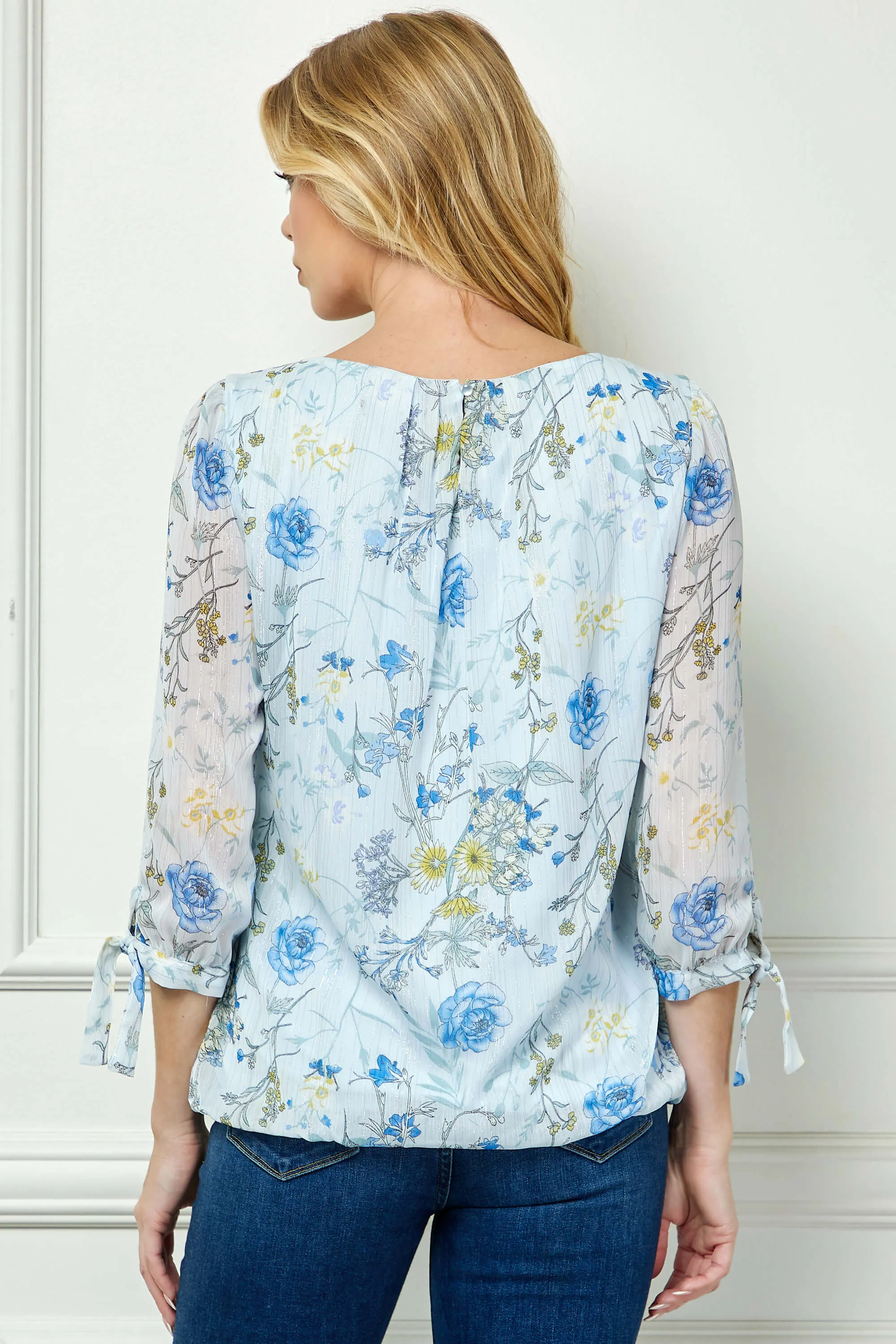 3/4 Tie Sleeve Pleat Neck Studded Bubble Blouse in Light Blue Floral sold by Dress Barn product image thumbnail 4