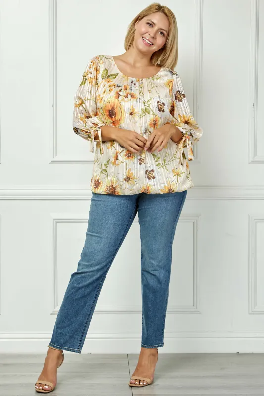 3/4 Tie Sleeve Pleat Neck Bubble Blouse in Yellow Pansy - Plus sold by Dress Barn