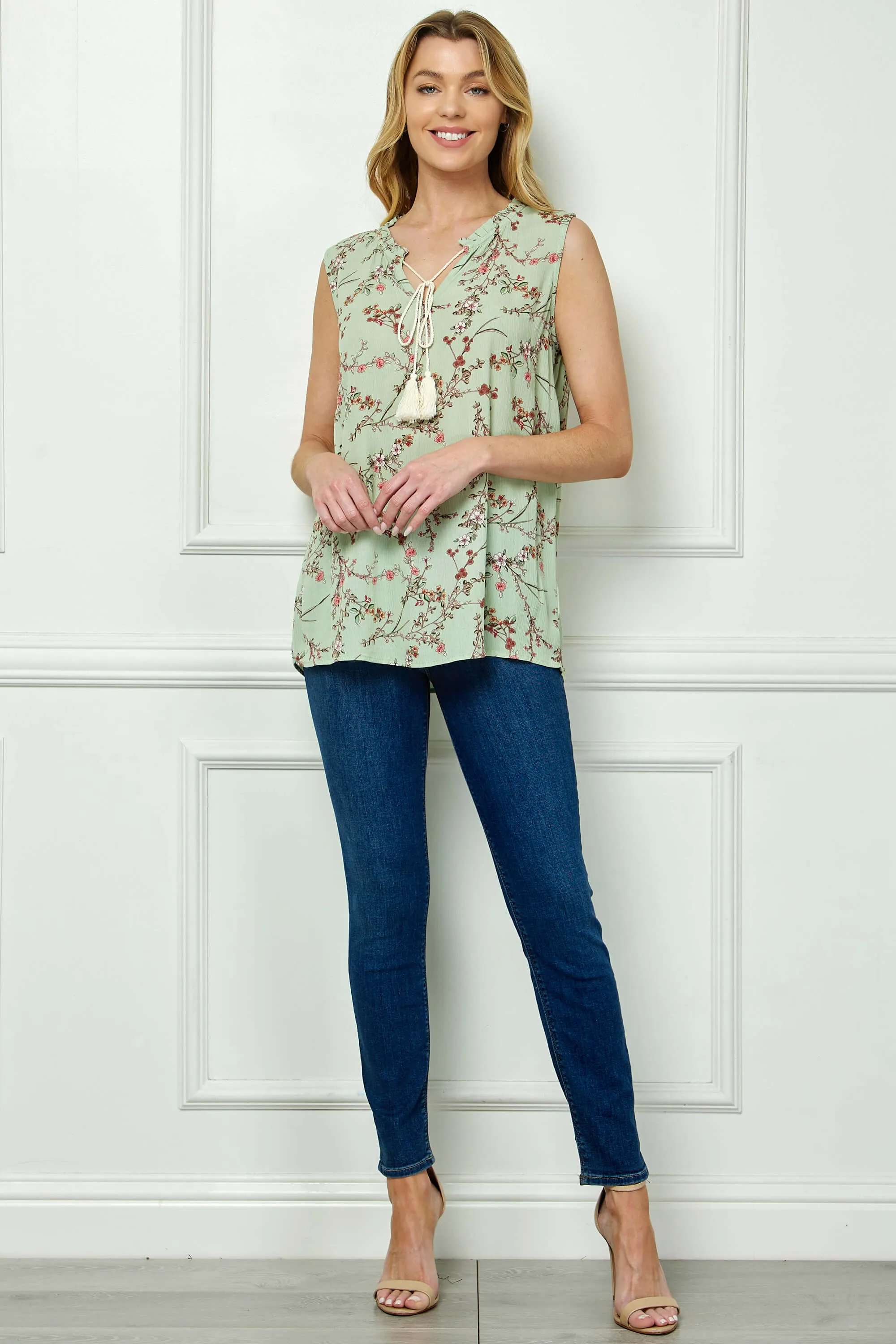 Sleeveless Ruffle Neck Tassel Blouse in Sage sold by Dress Barn