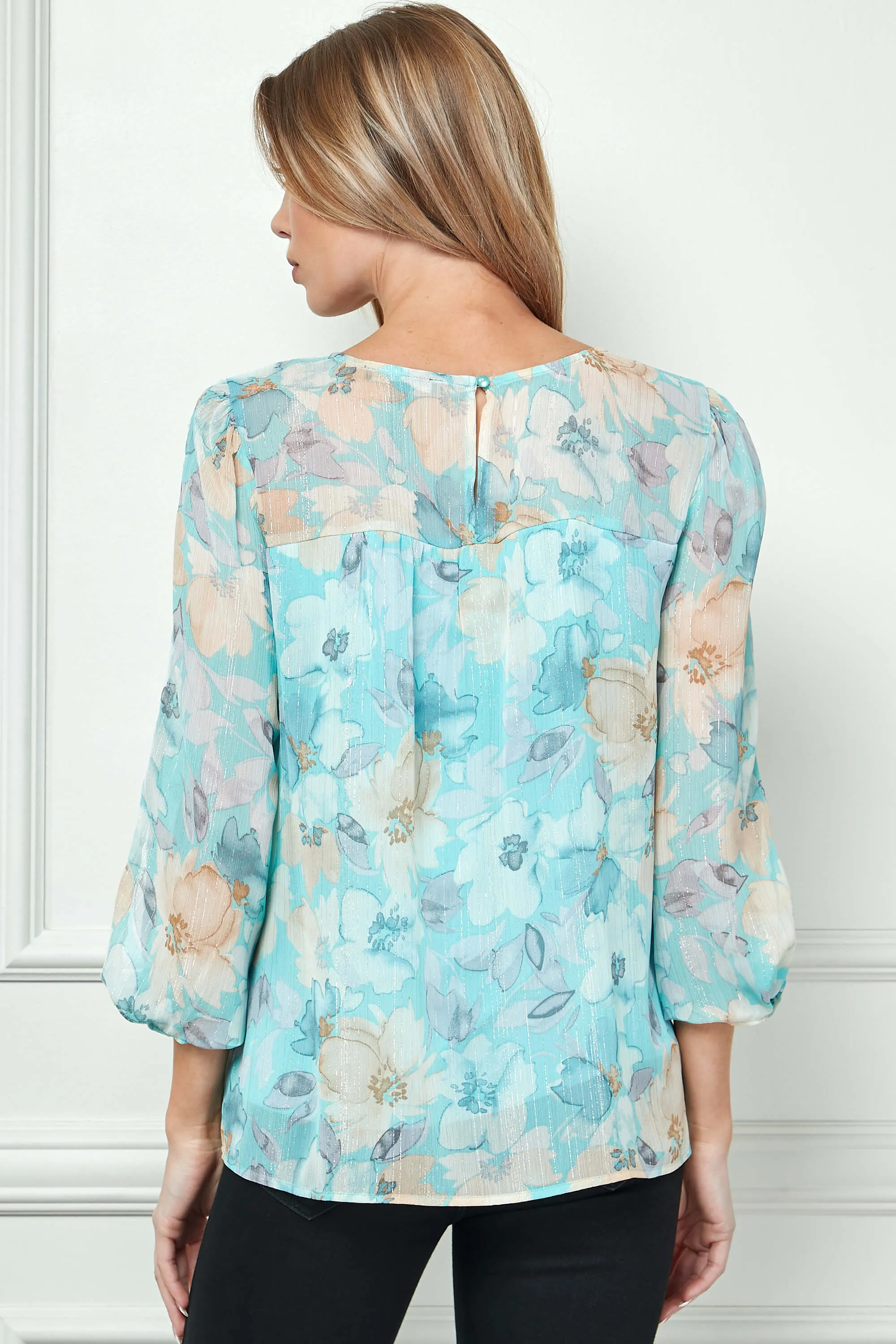 3/4 Knot Sleeve Scoop Neck Yoke Blouse in Aqua Flower sold by Dress Barn product image thumbnail 4