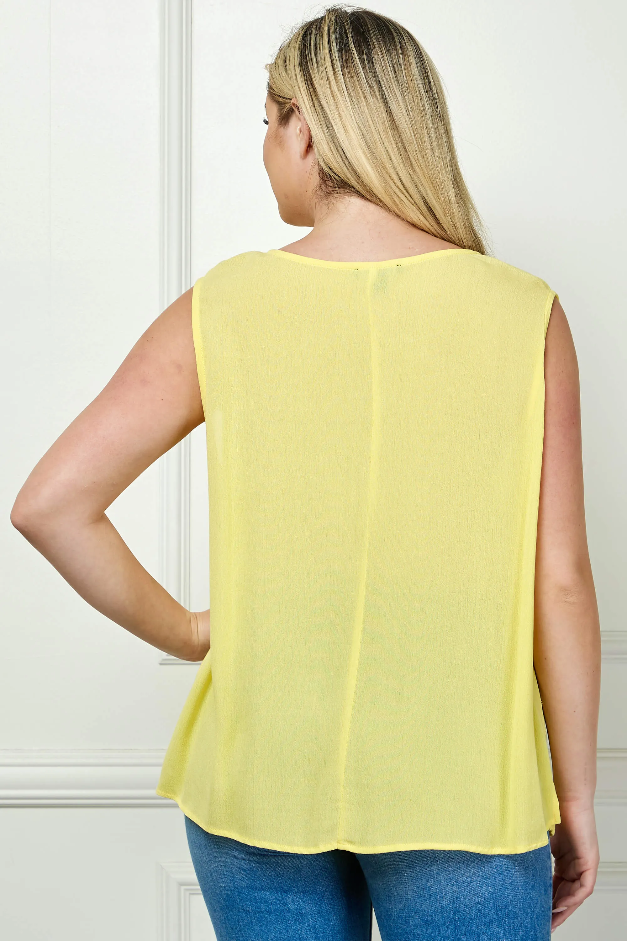 Sleeveless Embroidered Yoke Split Neck Blouse in Yellow - Plus sold by Dress Barn product image thumbnail 4
