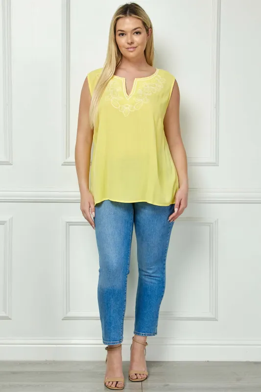 Sleeveless Embroidered Yoke Split Neck Blouse in Yellow - Plus sold by Dress Barn