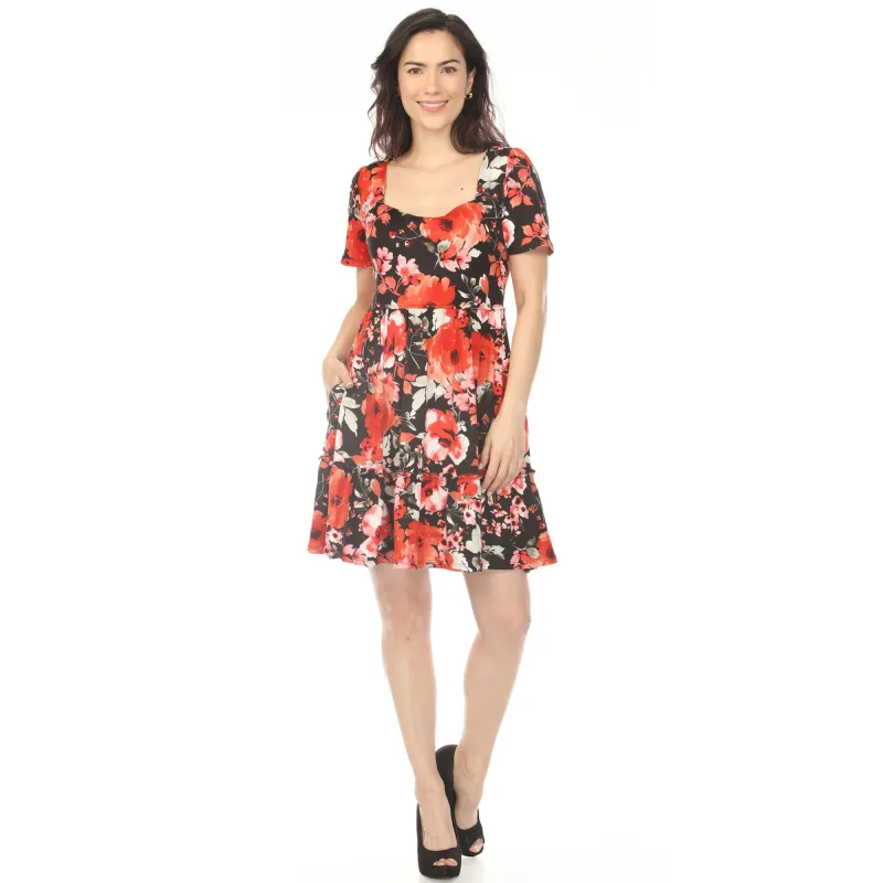 Women's Square Neck Short Sleeve Floral Dress - Black Red made by Dress Barn