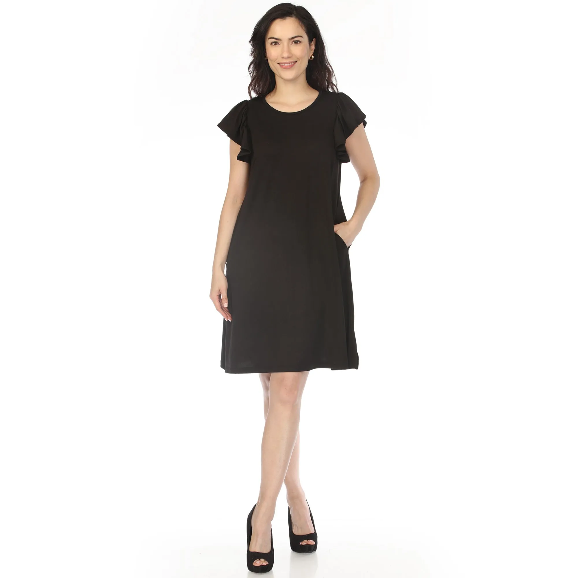 Women's Crew Neck Ruffle Sleeve Dress - Black sold by Dress Barn