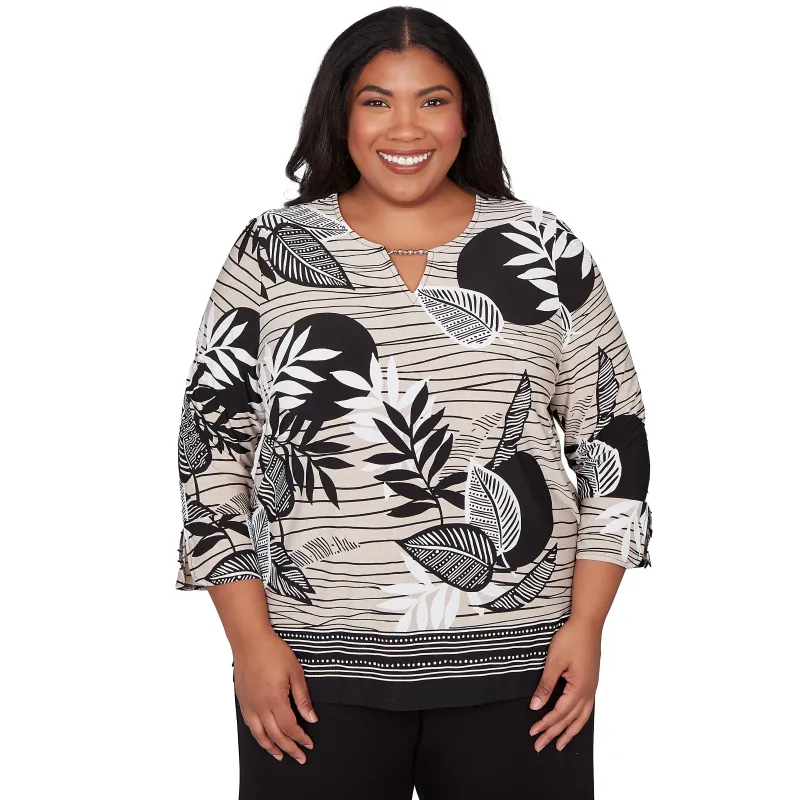 Alfred Dunner Tropical Leaf Border Print Split Neck Top - Plus made by Dress Barn