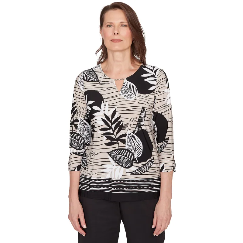 Alfred Dunner Tropical Leaf Border Print Split Neck Top made by Dress Barn