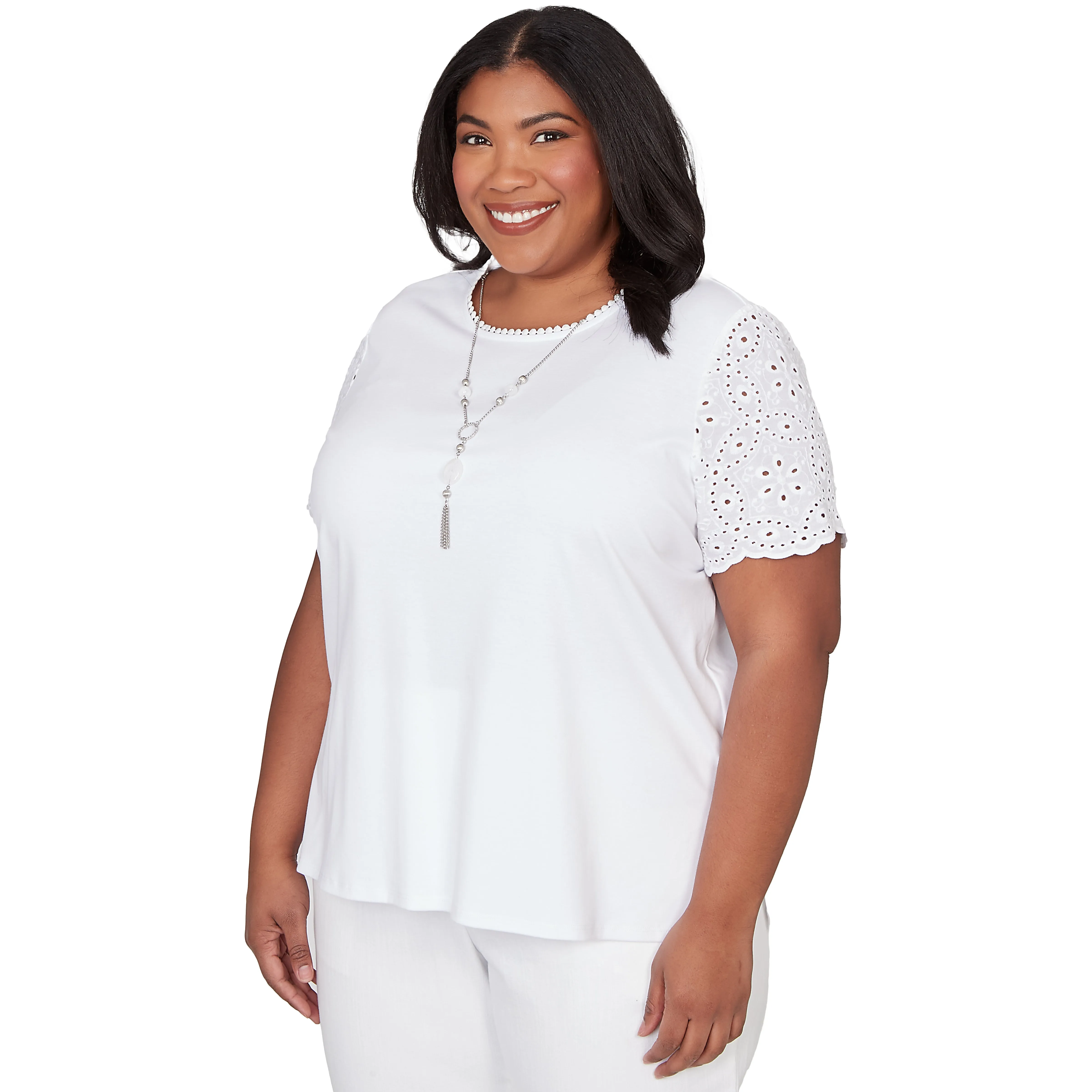 Alfred Dunner Solid Eyelet Sleeve Tee with Necklace - Plus sold by Dress Barn product image thumbnail 3