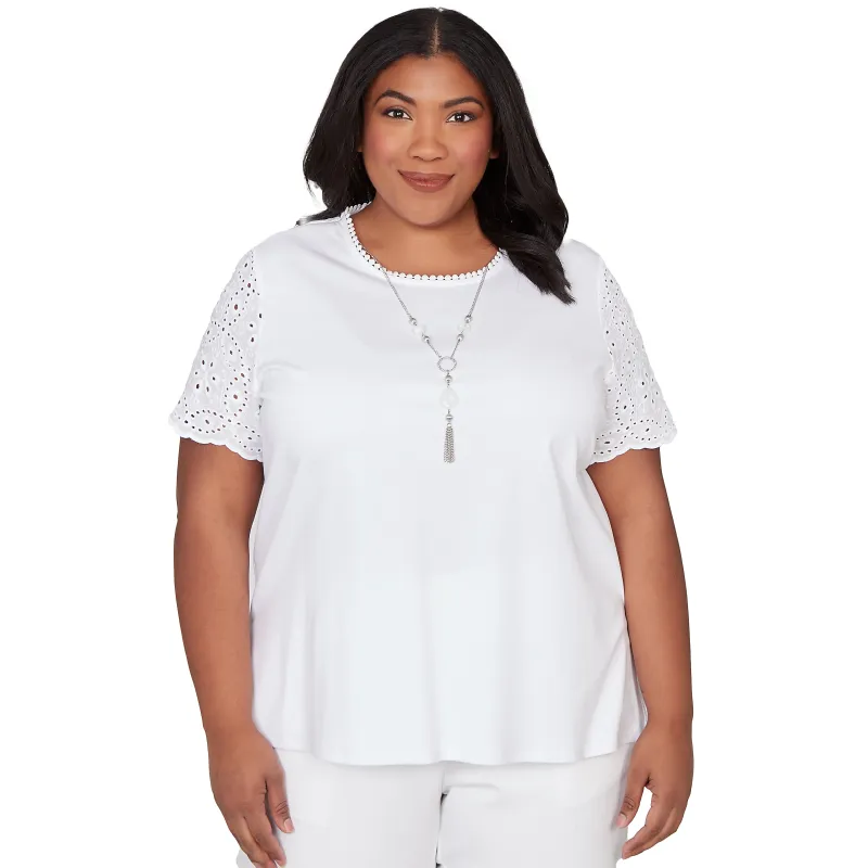 Alfred Dunner Solid Eyelet Sleeve Tee with Necklace - Plus made by Dress Barn