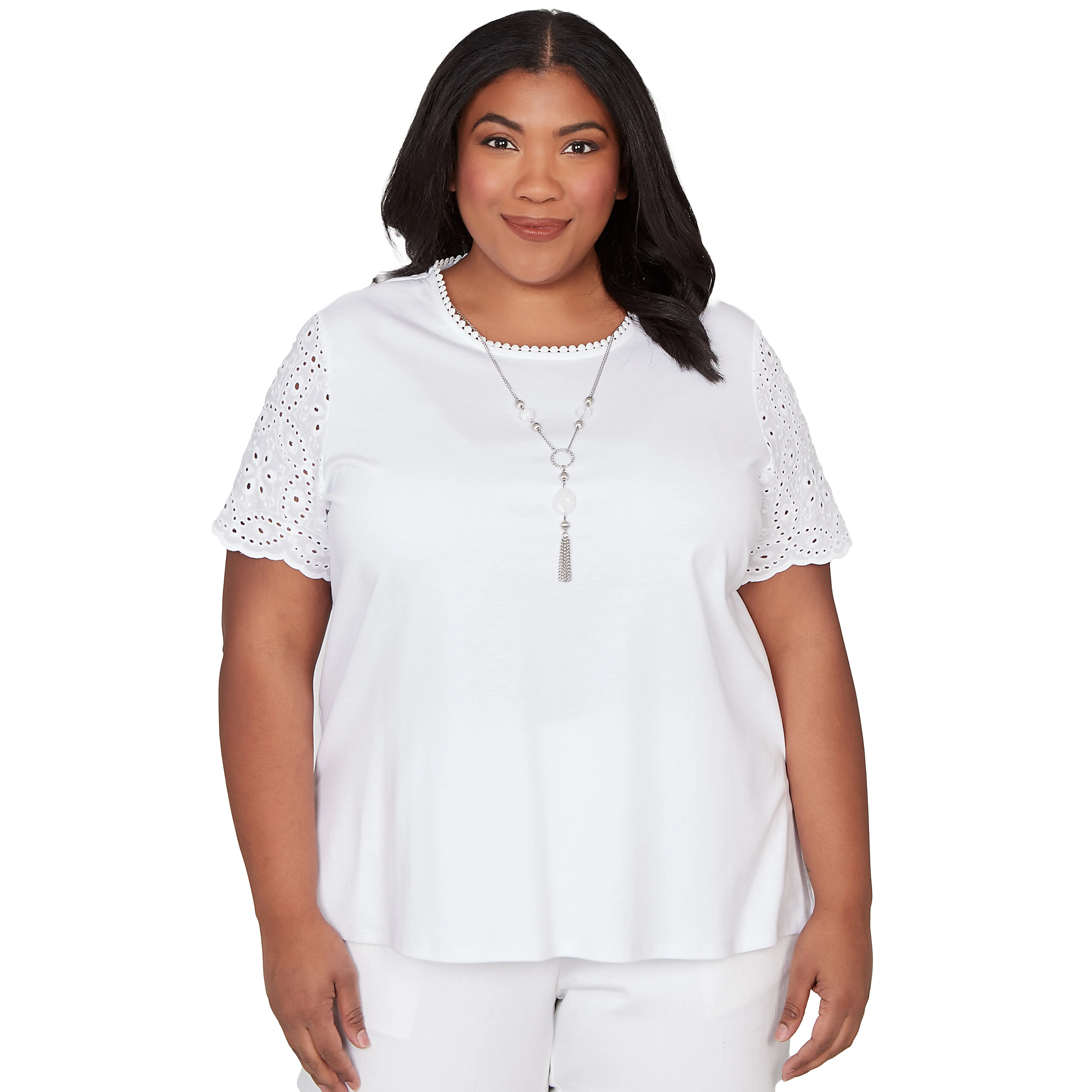 Alfred Dunner Solid Eyelet Sleeve Tee with Necklace - Plus sold by Dress Barn