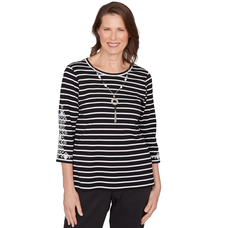 Alfred Dunner Pinstripe Embroidered Sleeve Top with Necklace- Petite made by Dress Barn