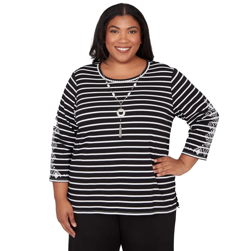 Alfred Dunner Pinstripe Embroidered Sleeve Top with Necklace, Plus made by Dress Barn