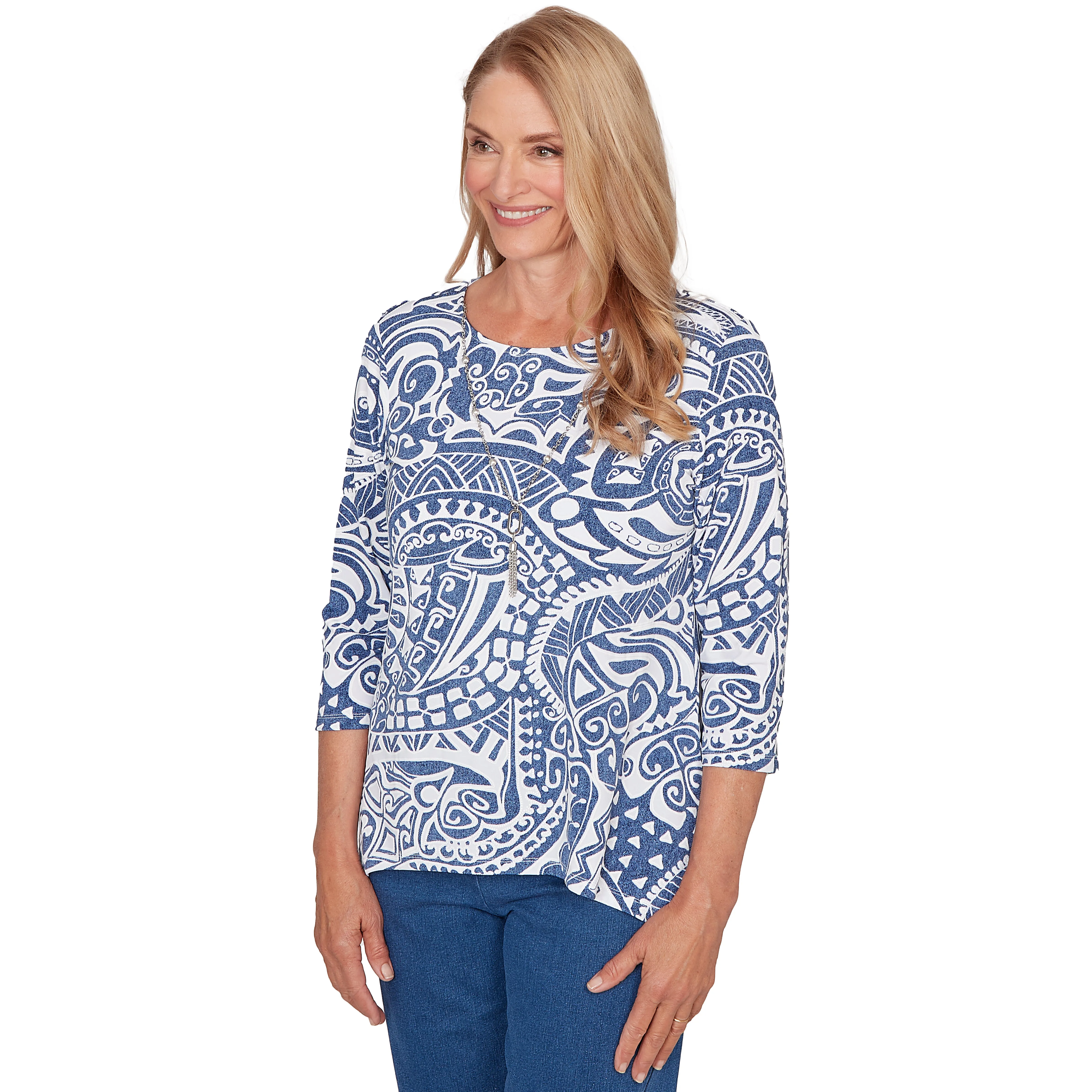Alfred Dunner Paisley Swirl Sharkbite Hem Top with Necklace, Petite sold by Dress Barn product image thumbnail 3