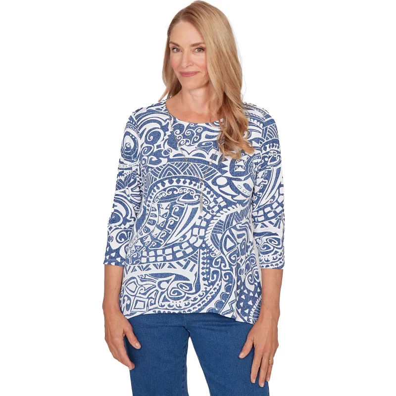 Alfred Dunner Paisley Swirl Sharkbite Hem Top with Necklace, Petite made by Dress Barn