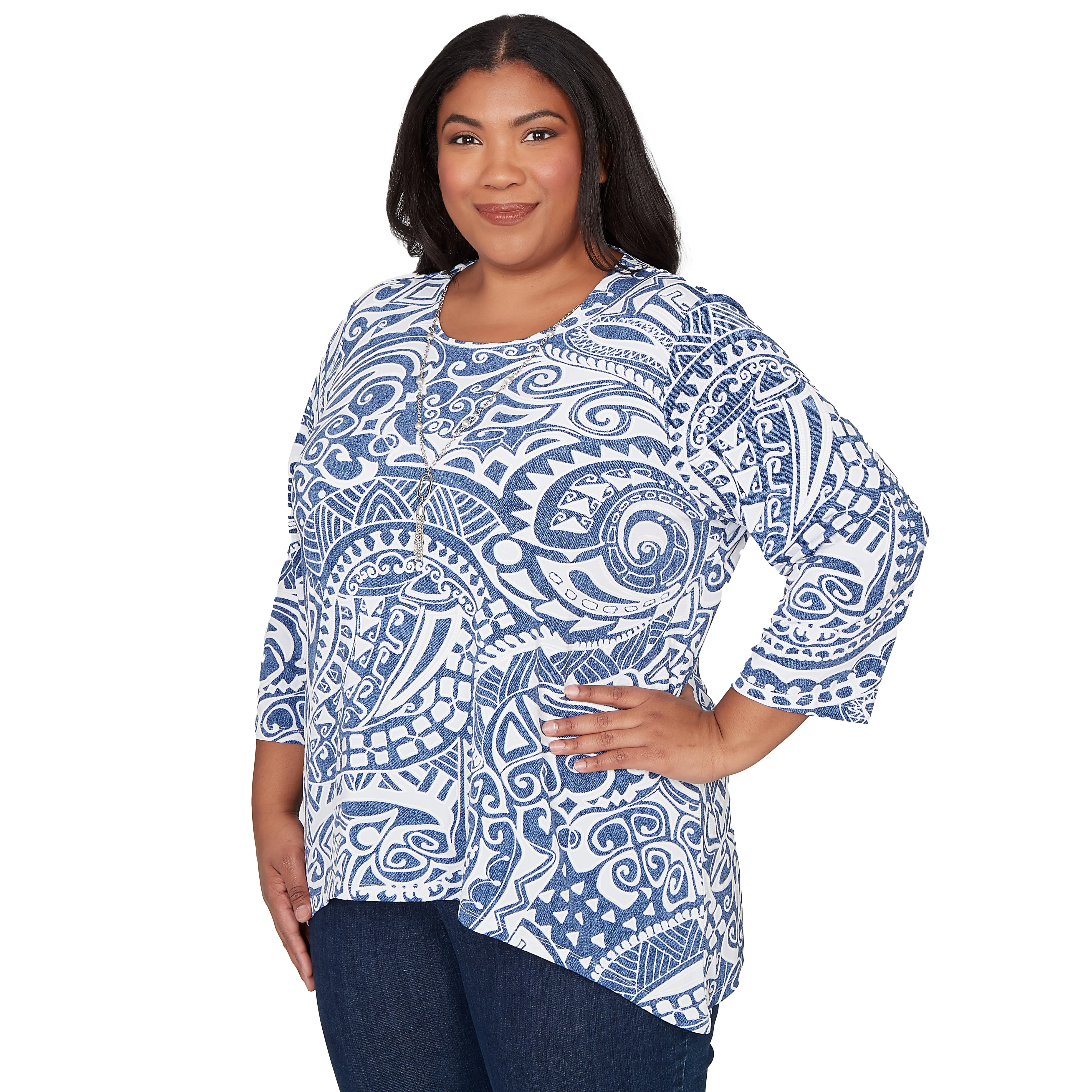 Alfred Dunner Paisley Swirl Sharkbite Hem Top with Necklace - Plus sold by Dress Barn product image thumbnail 3