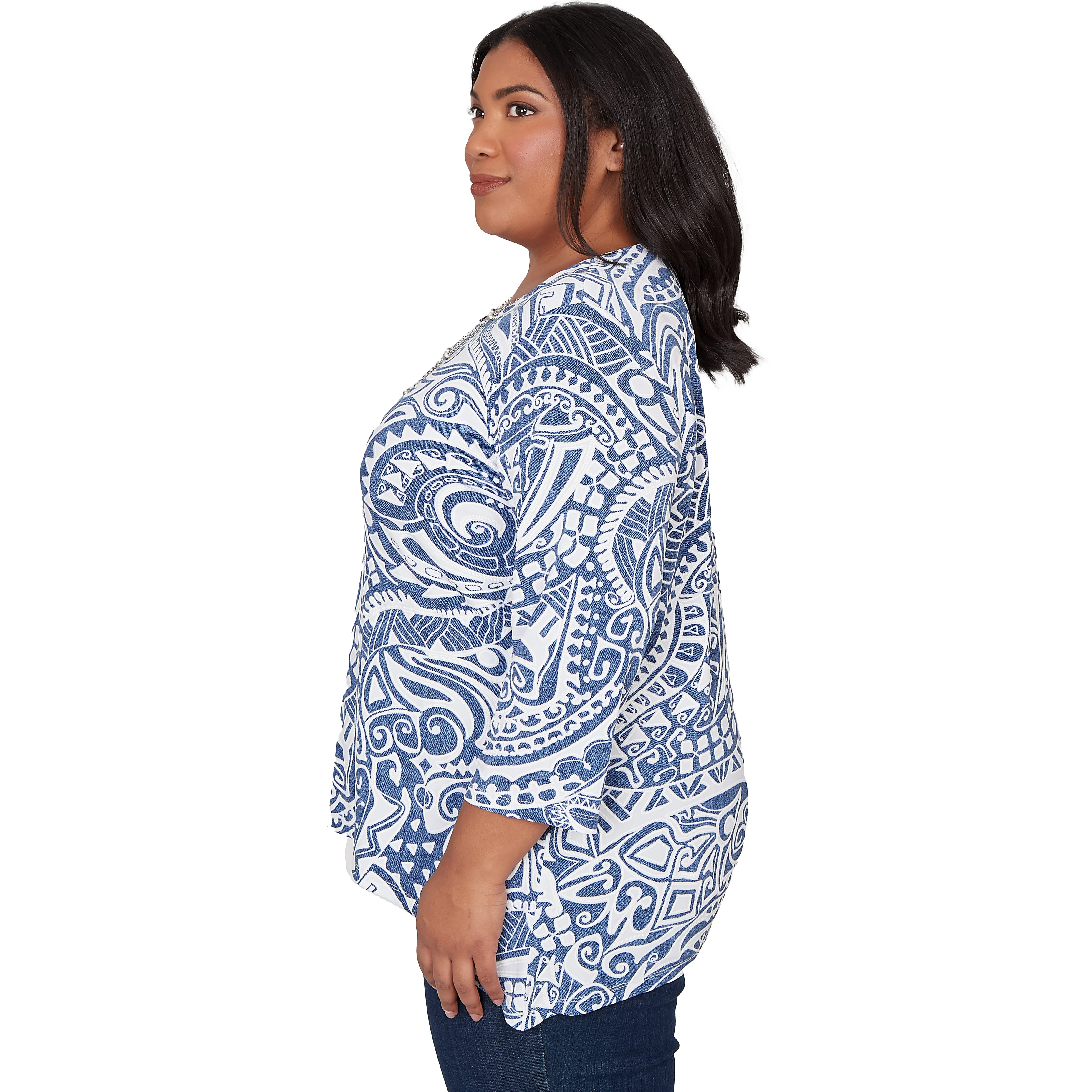 Alfred Dunner Paisley Swirl Sharkbite Hem Top with Necklace - Plus sold by Dress Barn product image thumbnail 4