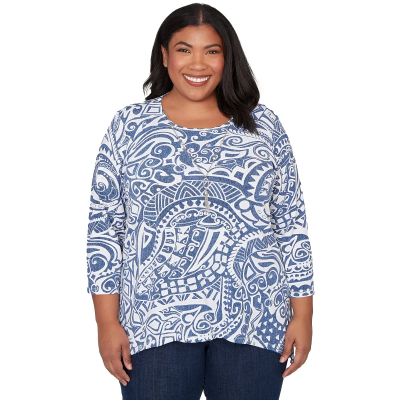 Alfred Dunner Paisley Swirl Sharkbite Hem Top with Necklace - Plus made by Dress Barn