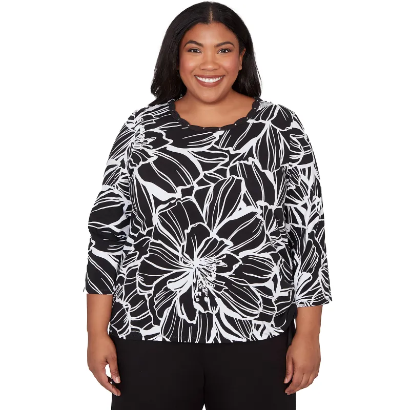 Alfred Dunner Floral Linework Side Tie Ruched Top, Plus made by Dress Barn