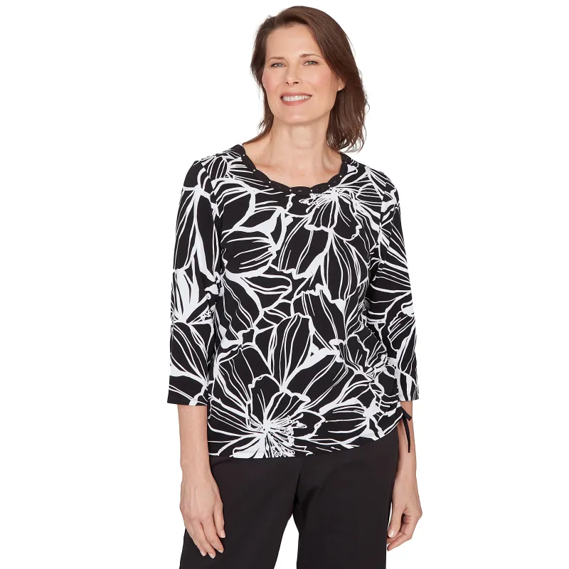 Alfred Dunner Floral Linework Side Tie Ruched Top made by Dress Barn