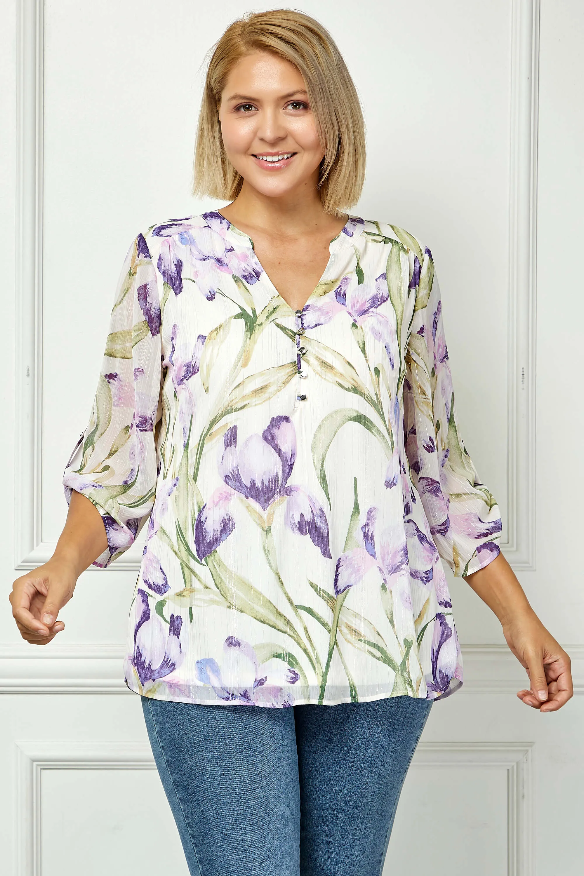 3/4 Button Tab Sleeve Mandarin Collar Popover Blouse - Plus - Cream/Lilac sold by Dress Barn product image thumbnail 2