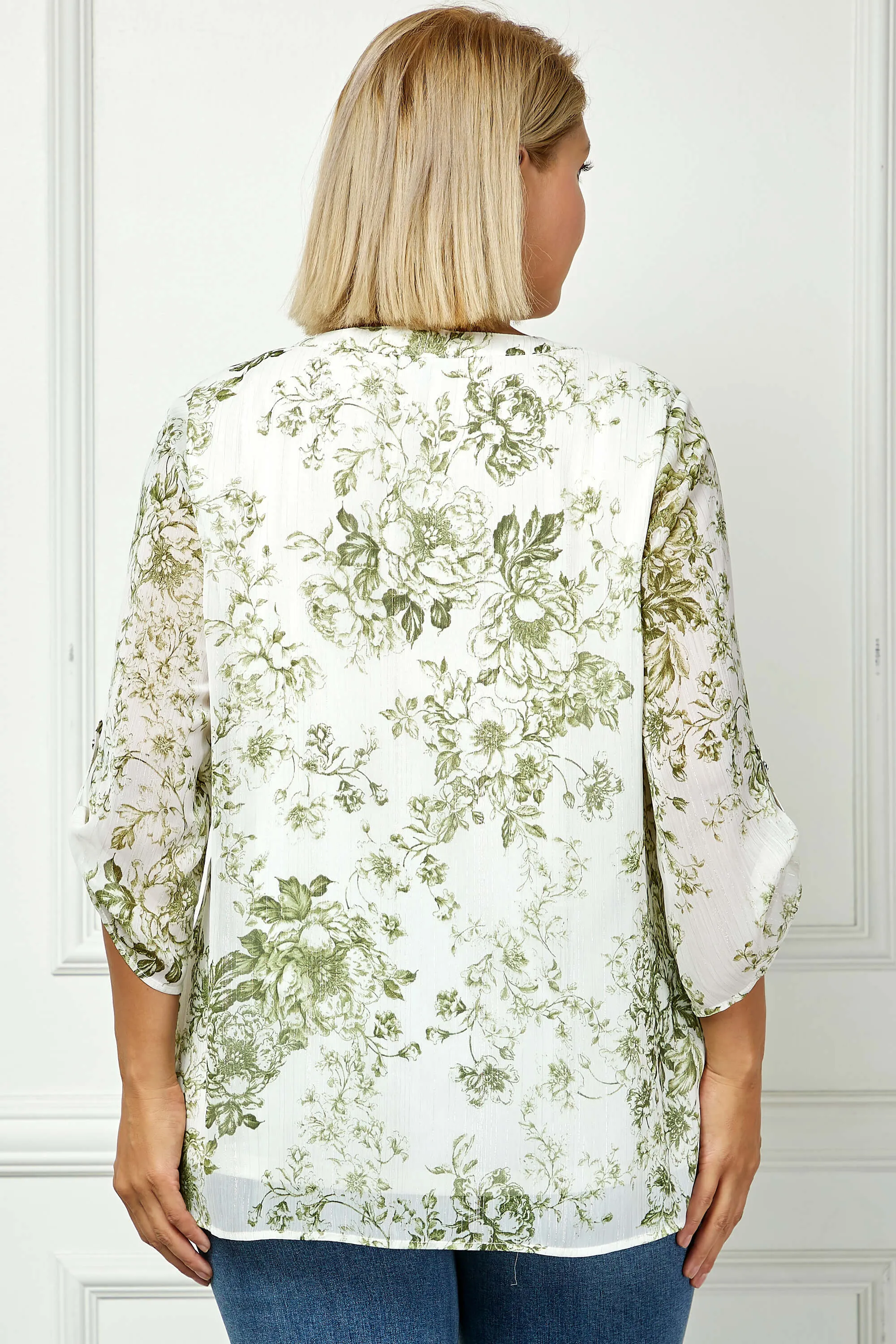 3/4 Button Tab Sleeve Mandarin Collar Popover Blouse - Plus - Cream/Olive sold by Dress Barn product image thumbnail 4