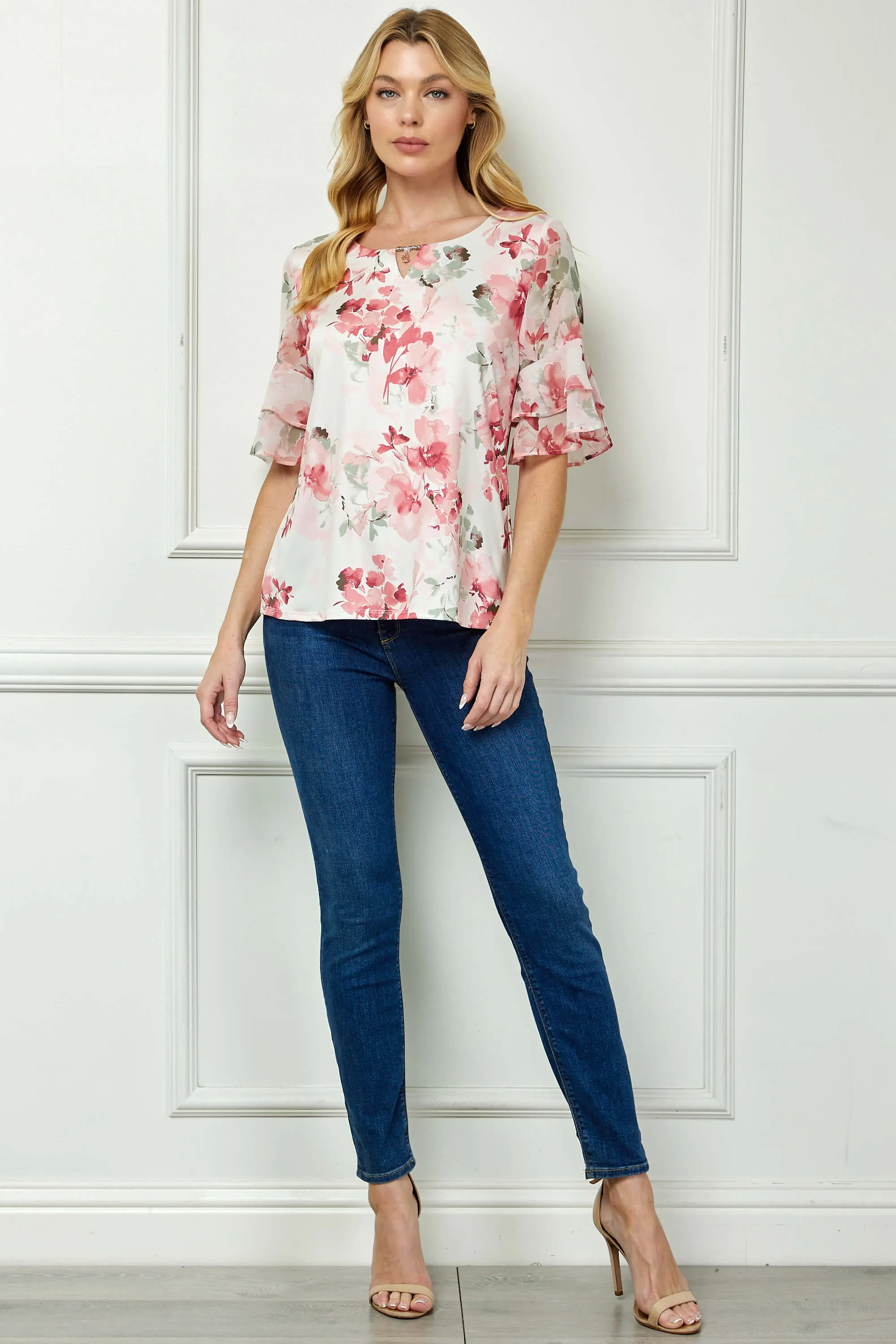 Double Ruffle Sleeve Cutout Neck Blouse sold by Dress Barn