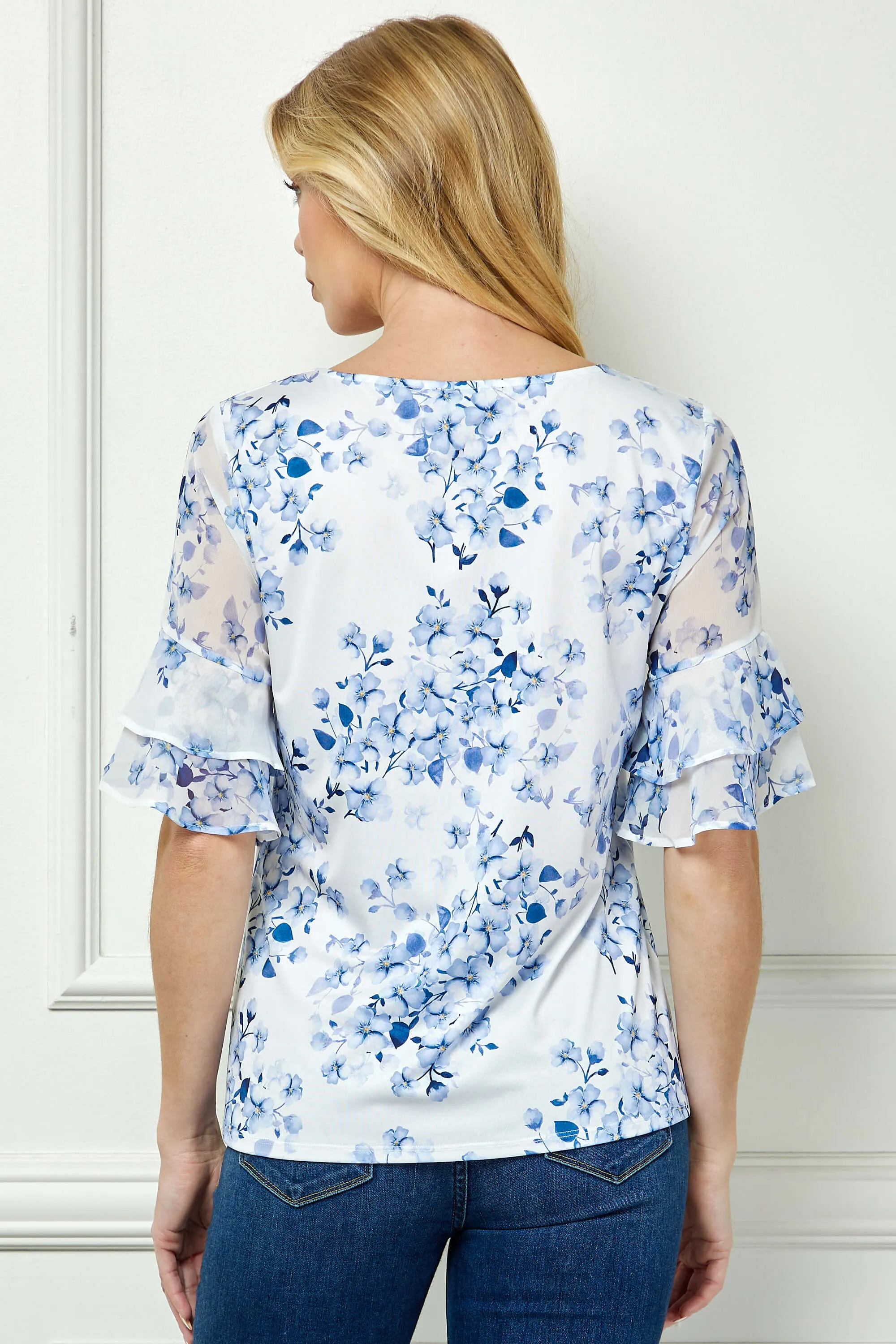 Double Ruffle Sleeve Cutout Neck Blouse in Ivory/Denim sold by Dress Barn product image thumbnail 4