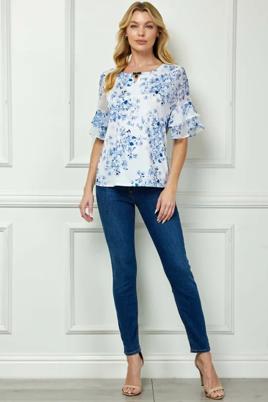 Double Ruffle Sleeve Cutout Neck Blouse in Ivory/Denim made by Dress Barn