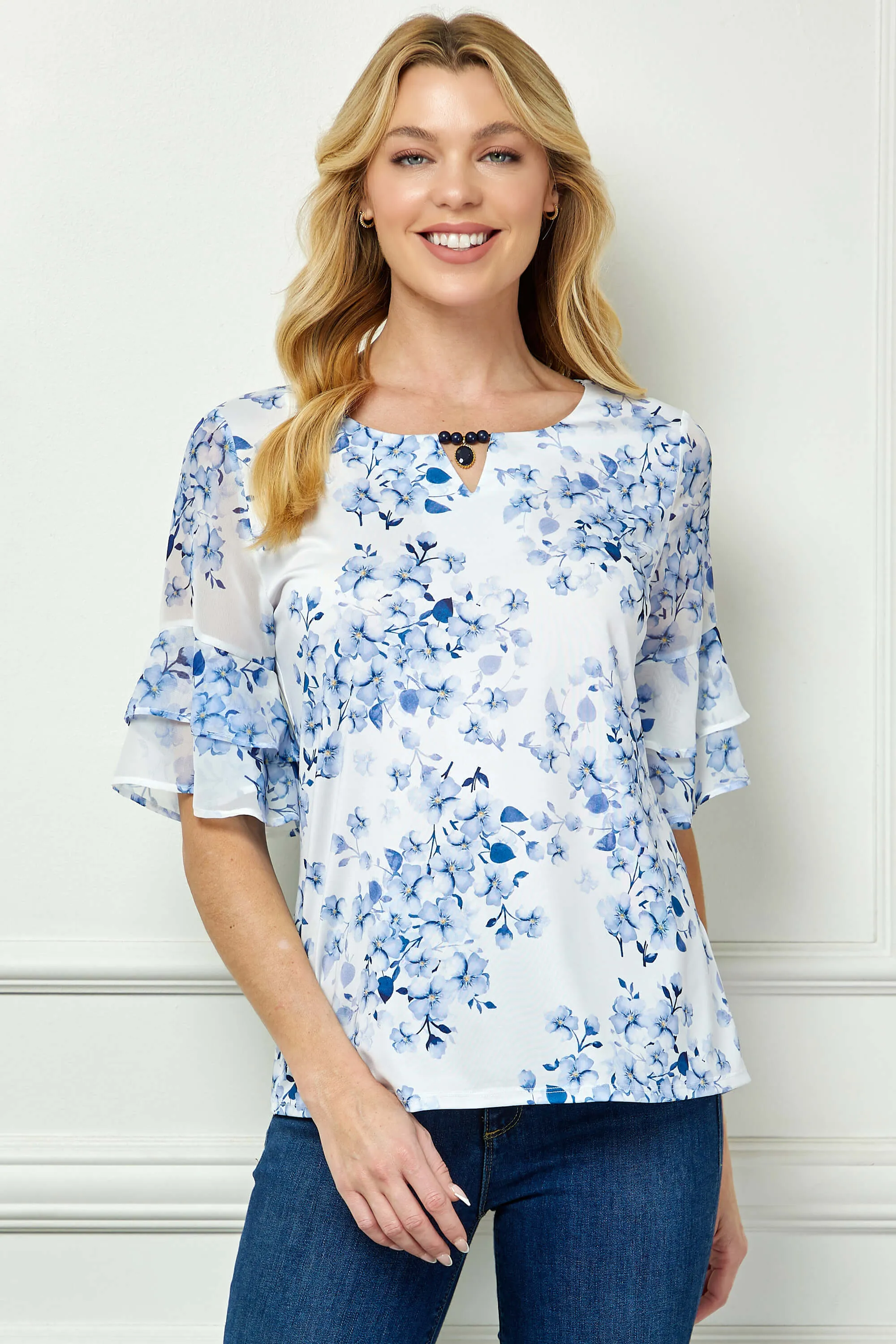 Double Ruffle Sleeve Cutout Neck Blouse in Ivory/Denim sold by Dress Barn product image thumbnail 2