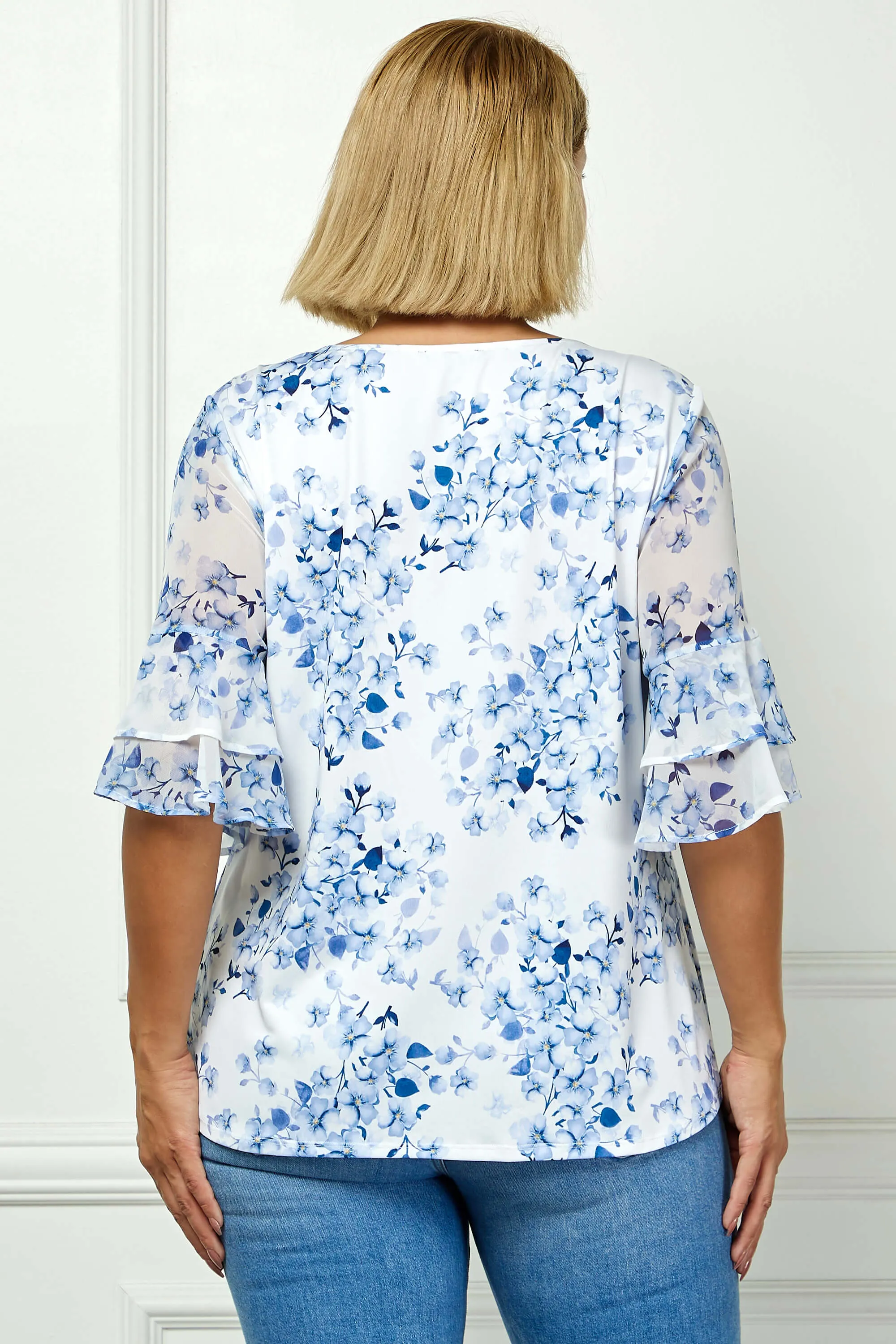 Double Ruffle Sleeve Cutout Neck Blouse in Ivory/Denim - Plus sold by Dress Barn product image thumbnail 4