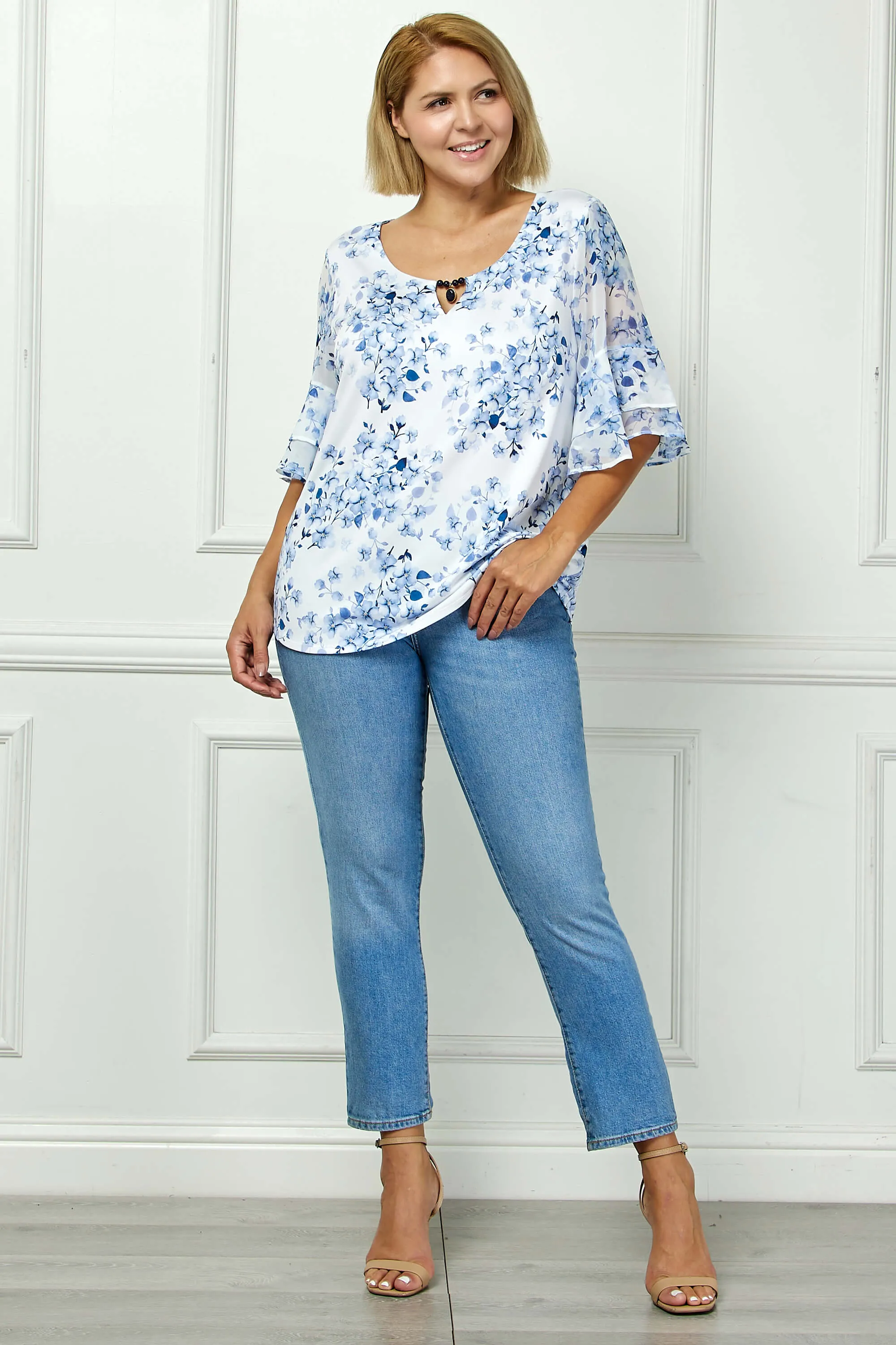 Double Ruffle Sleeve Cutout Neck Blouse in Ivory/Denim - Plus sold by Dress Barn