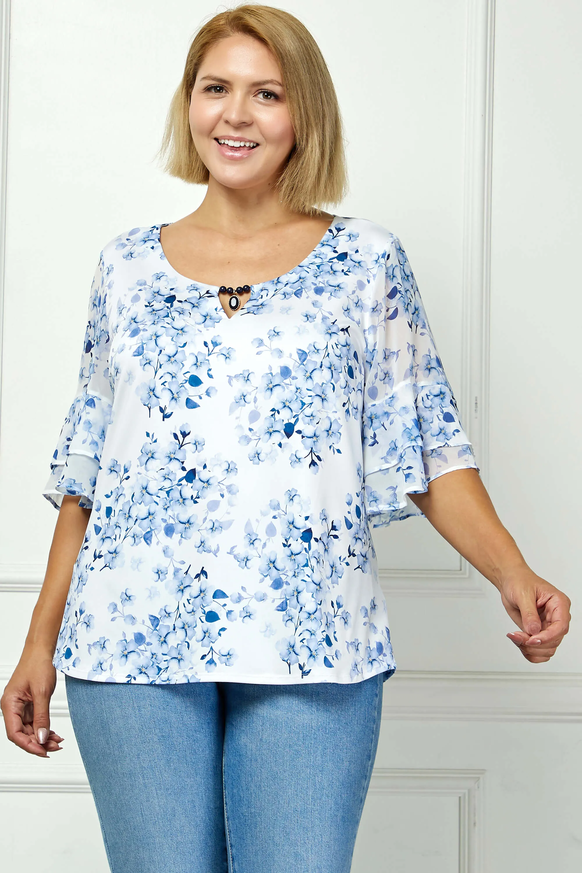 Double Ruffle Sleeve Cutout Neck Blouse in Ivory/Denim - Plus sold by Dress Barn product image thumbnail 2