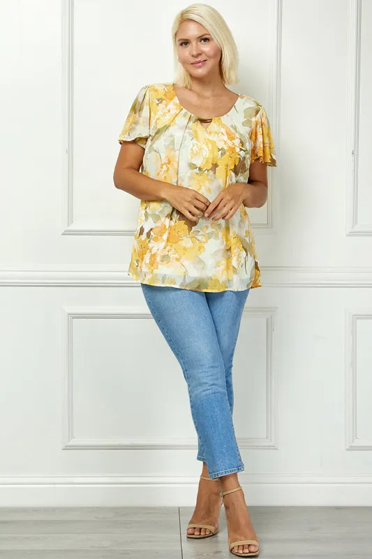 Flutter Sleeve Cutout Neck Pleat Blouse - Plus - Sage/Gold made by Dress Barn