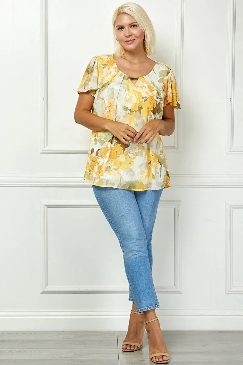 Flutter Sleeve Cutout Neck Pleat Blouse - Plus - Sage/Gold sold by Dress Barn