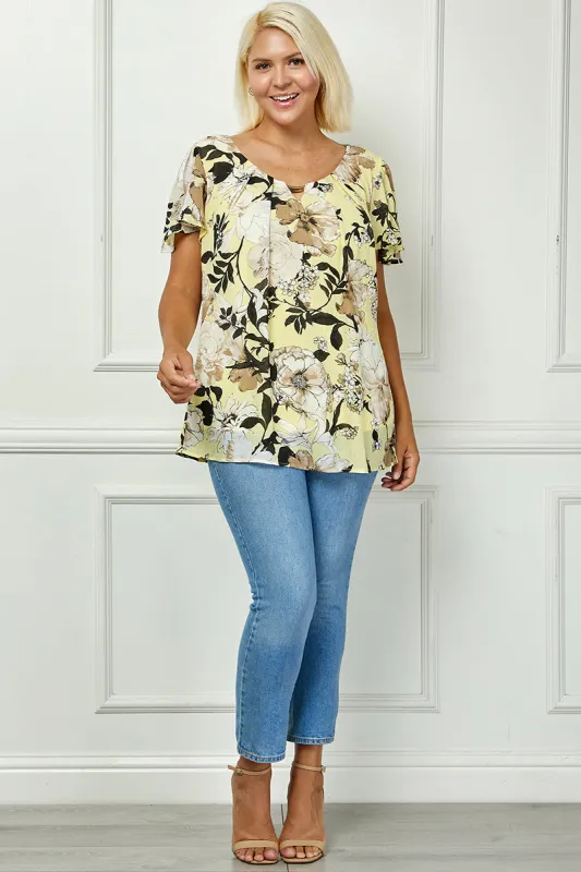 Flutter Sleeve Cutout Neck Pleat Blouse - Plus - Yellow made by Dress Barn