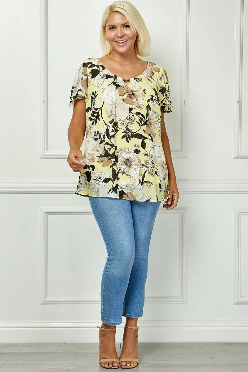 Flutter Sleeve Cutout Neck Pleat Blouse - Plus - Yellow sold by Dress Barn