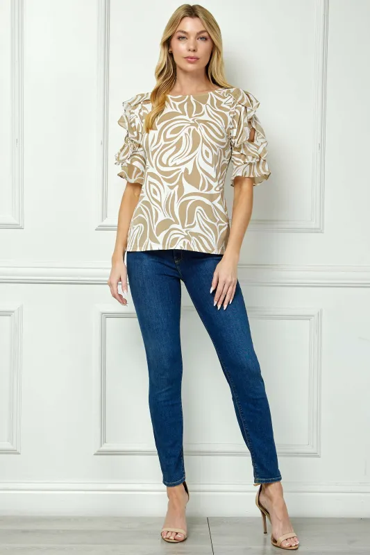 Ruffle Cold Shoulder Scoop Neck Blouse - Beige made by Dress Barn