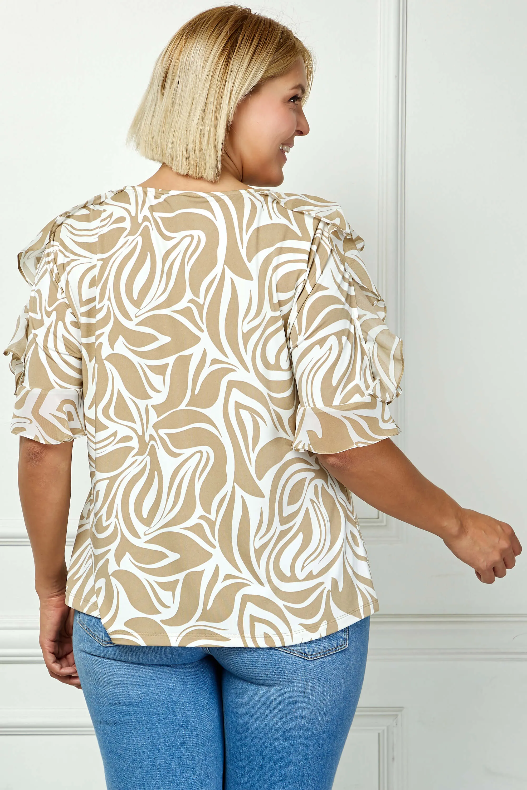 Ruffle Cold Shoulder Scoop Neck Blouse - Plus - Beige sold by Dress Barn product image thumbnail 4
