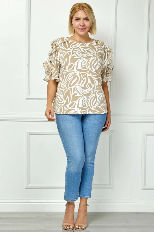 Ruffle Cold Shoulder Scoop Neck Blouse - Plus - Beige made by Dress Barn