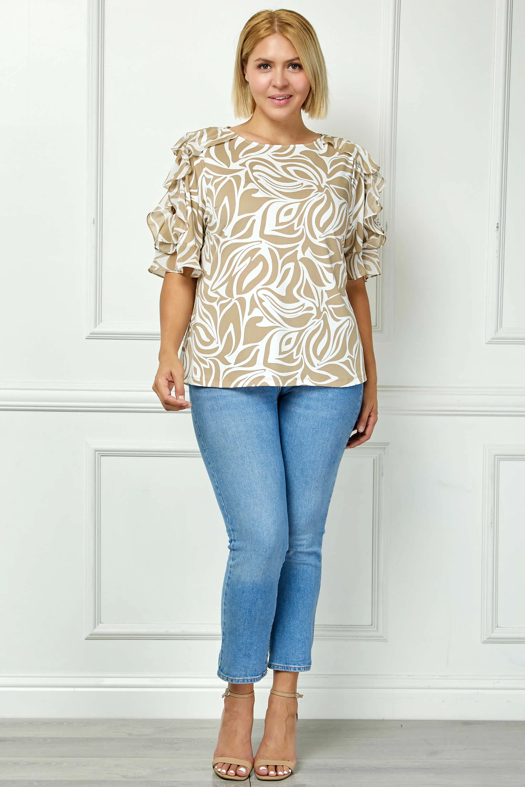 Ruffle Cold Shoulder Scoop Neck Blouse - Plus - Beige sold by Dress Barn