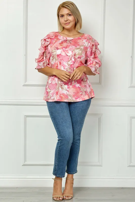 Ruffle Cold Shoulder Scoop Neck Blouse - Plus - Pink made by Dress Barn