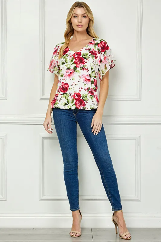 Ruffle Cold Shoulder V-Neck Blouse - Ivory/Red made by Dress Barn